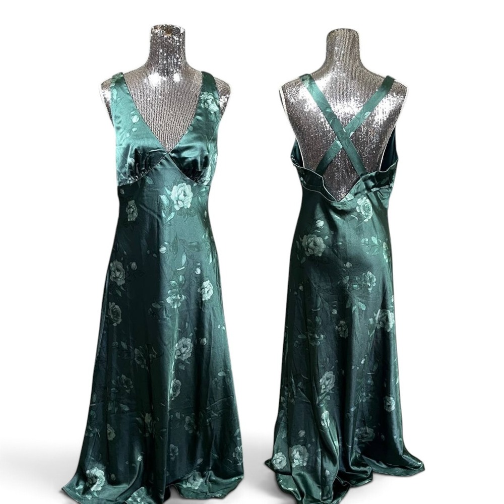 Green Floral Satin Maxi Dress V-Neck Crisscross Back XL